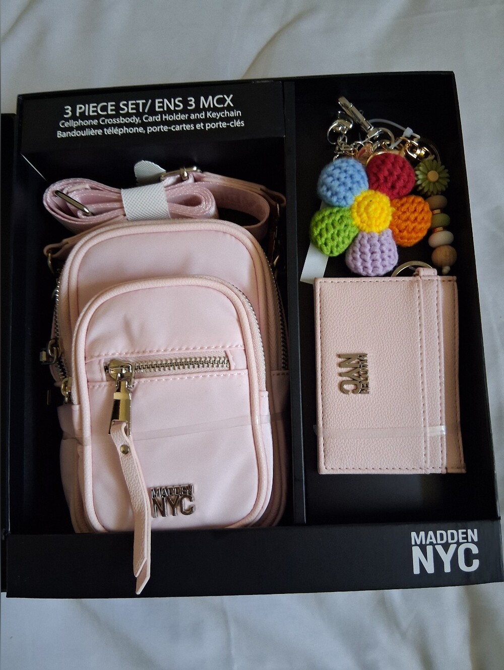 MADDEN NYC PINK 3-PIECE CROSSBODY, CARDHOLDER & KEYCHAIN SET